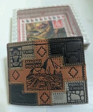 Cusco Machu picchu Leather bifold wallet handcrafted Peru Embossed Llama Peru